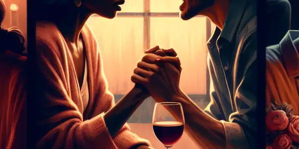 A triptych depicting the emotional journey of adult relationships: romance, conflict, and everyday life.