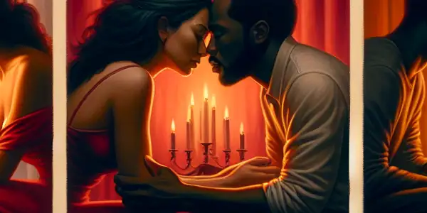 A triptych illustrating the emotional spectrum of adult relationships: romance, conflict, and everyday interactions.