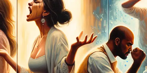 A triptych depicting the emotional spectrum of adult relationships: romance, tension, and everyday interactions.