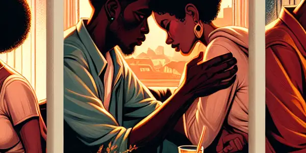 A triptych depicting the emotional spectrum of adult relationships: romance, tension, and everyday interactions.