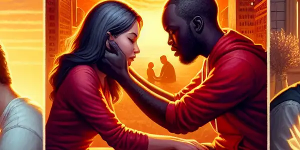 A triptych illustrating the emotional spectrum of adult relationships: romance, conflict, and everyday interactions.