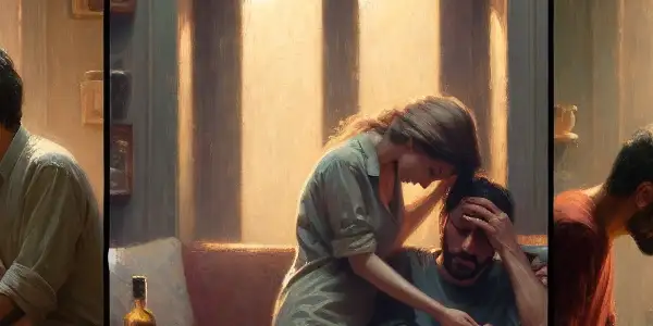 A triptych illustrating the emotional spectrum of adult relationships: romance, tension, and everyday interactions.