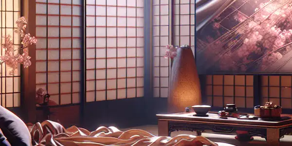 A luxurious Japanese room with a decorated futon, cherry blossoms, and modern elements, evoking romance and intimacy.