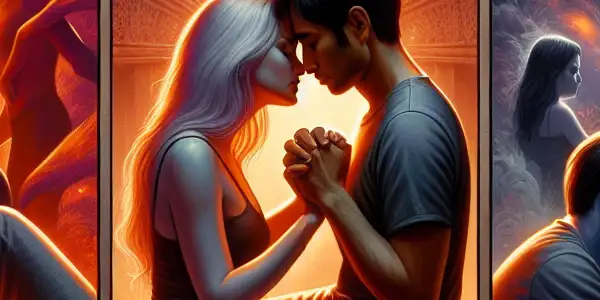 A triptych depicting the emotional spectrum of adult relationships: romance, conflict, and everyday life.