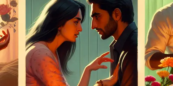 A triptych illustrating the emotional spectrum of adult relationships: romance, tension, and everyday interactions.