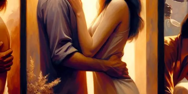 A triptych depicting the emotional journey of adult relationships: passion, conflict, and everyday companionship.