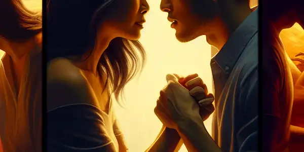 A triptych illustrating the emotional spectrum of adult relationships: romance, conflict, and everyday companionship.