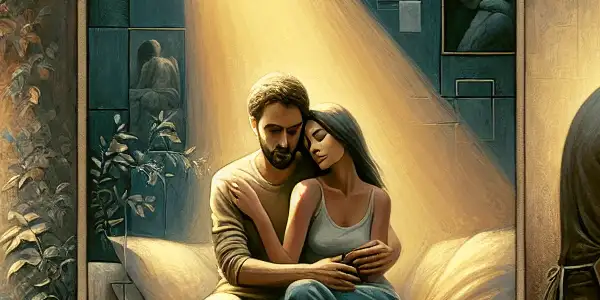 A triptych depicting romance, tension, and everyday interactions in adult relationships.