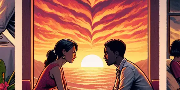 A triptych illustrating the emotional spectrum of adult relationships: romance, tension, and everyday interactions.