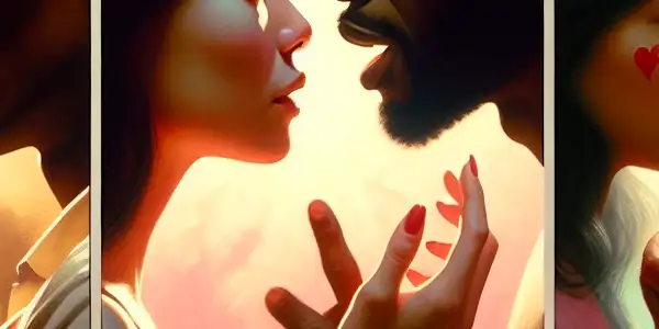 A triptych illustrating the emotional spectrum of adult relationships: romance, tension, and everyday interactions.