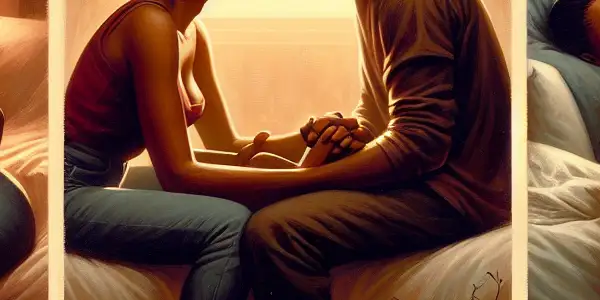 A triptych depicting the emotional journey of adult relationships: romance, tension, and everyday interactions.