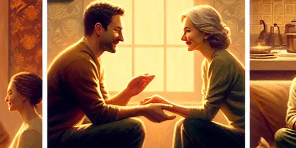 A triptych illustrating the emotional journey of adult relationships: romance, conflict, and everyday intimacy.