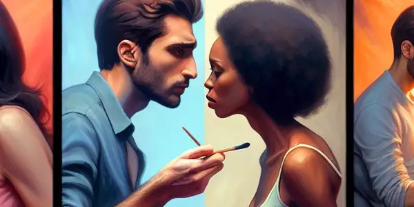 A triptych illustrating the emotional spectrum of adult relationships: romance, tension, and everyday interactions.