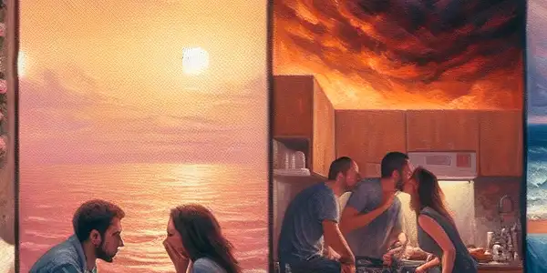 A triptych illustrating the emotional spectrum of adult relationships: romance, tension, and everyday companionship.