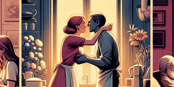 A triptych illustrating the emotional spectrum in adult relationships: love, conflict, and everyday life.