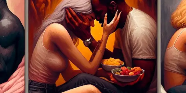 A triptych illustrating the emotional spectrum of adult relationships: love, conflict, and everyday companionship.