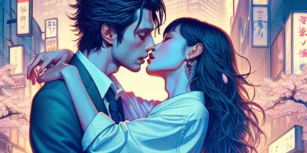 A passionate embrace between a stylish couple in a vibrant Tokyo cityscape at twilight, surrounded by cherry blossom petals.