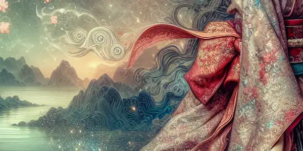 An elegant Japanese fantasy woman in traditional attire, surrounded by cherry blossoms and a serene, dreamlike landscape.