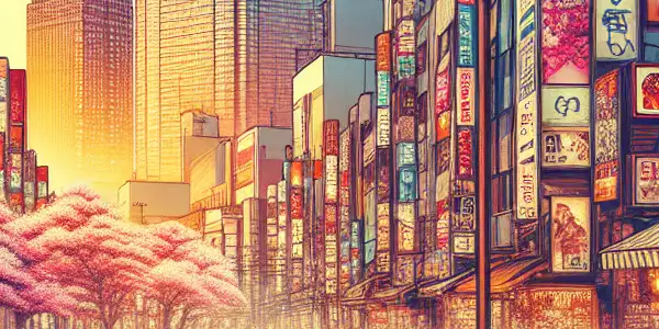 A vibrant Tokyo nightlife scene showcasing adult entertainment tourism in Shibuya and Akihabara, filled with neon lights and diverse tourists.