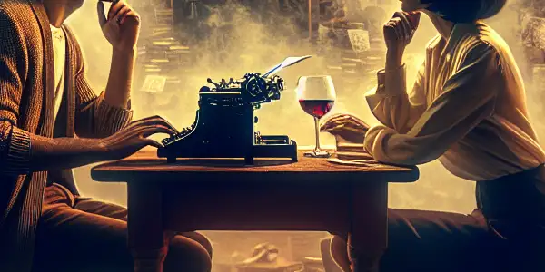 A passionate writer and alluring editor share an intense conversation in a cozy, dimly lit studio.