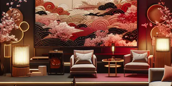 A sophisticated living room blending Japanese and Western aesthetics, featuring ambient lighting and a large screen hinting at adult themes.
