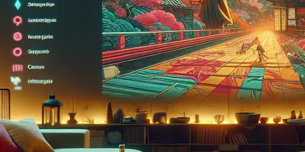 A cozy, modern room with a large screen displaying vibrant adult film graphics and a relaxed atmosphere.