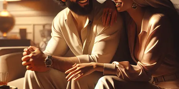 A married couple sharing a tender moment in a cozy, warmly lit living room.