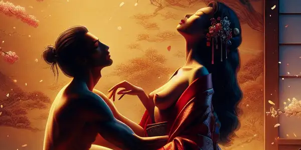 A couple embraces under cherry blossoms, embodying romance and tranquility in a serene, intimate setting.