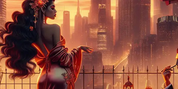 A romantic urban café scene at dusk, featuring a couple in intimate conversation amidst cherry blossoms and neon skyscrapers.