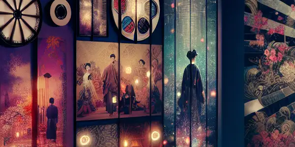 A stylish, dimly lit movie theater filled with diverse viewers enjoying abstract sensual visuals on a large screen.