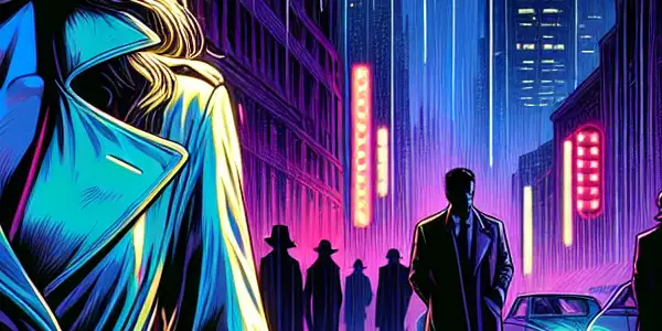 A mysterious figure in a trench coat stands under a streetlamp in a dimly lit urban nightlife scene.