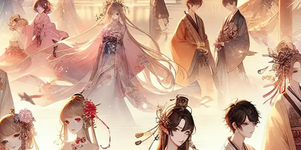 A captivating scene blending Japanese and Korean architecture, featuring elegantly dressed characters in a romantic, intimate atmosphere.