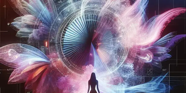 A futuristic scene blending technology and sensuality, featuring a silhouetted figure against abstract visuals and digital privacy symbols.