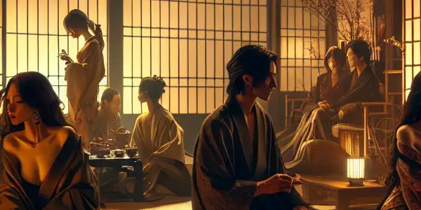 A dimly lit room with Japanese decor, featuring characters exuding romance and sensuality in an intimate setting.