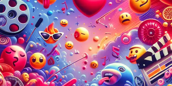 A vibrant collage of playful and seductive emojis set in a lively chat interface.