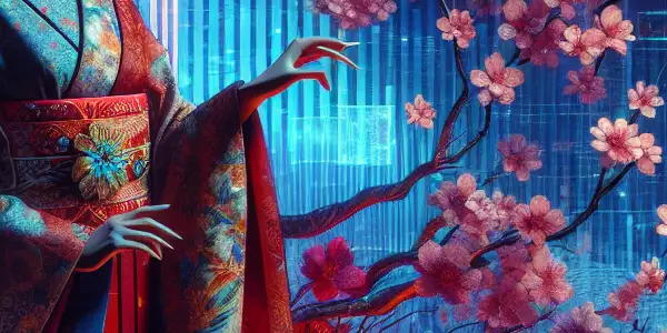 A confident female figure in provocative attire stands in a vibrant neon-lit digital landscape, symbolizing adult content exploration.