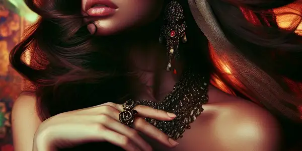 Enchanting female protagonist in a dreamy, fantastical setting, blending Eastern folklore with modern sensuality and allure.