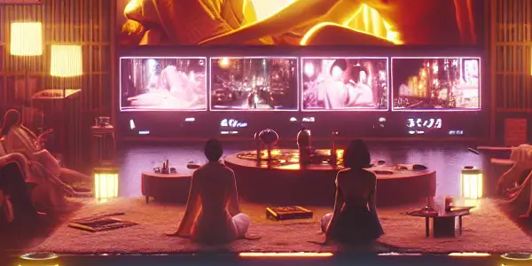 A vibrant, neon-lit room showcasing diverse characters engaged in intimate activities, centered around a captivating Japanese adult film scene.