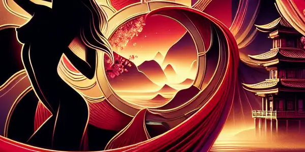 An abstract representation of passion and sensuality, featuring film reels, silk fabrics, and Japanese cultural elements.