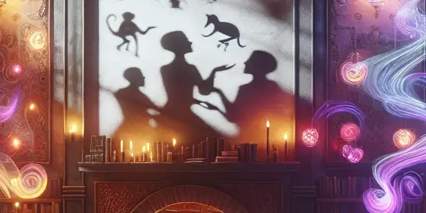 A cozy, dimly-lit room filled with plush furniture, alluring books, and suggestive silhouettes, evoking intimacy and curiosity.