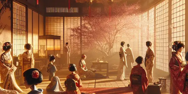A luxurious Japanese room filled with diverse characters expressing passion, adorned with cherry blossoms and elegant decor.