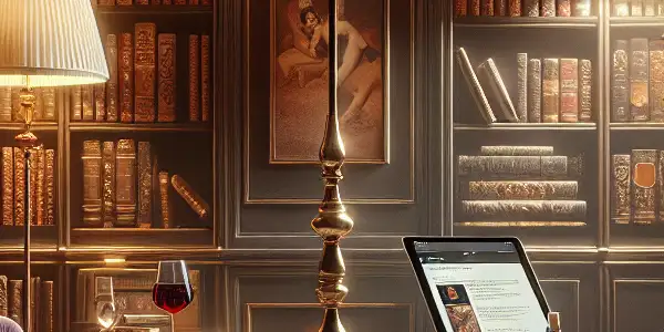 A luxurious library filled with erotic literature, plush seating, warm lighting, and intimate decor.