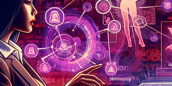 A futuristic office scene featuring a digital marketer analyzing SEO data for adult content, surrounded by high-tech gadgets and symbolic imagery.