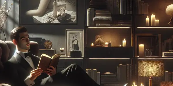 A cozy, dimly-lit room featuring an elegantly dressed figure reading erotic literature, surrounded by symbols of adult entertainment.