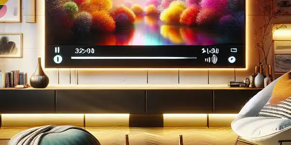 A modern living room featuring a TV displaying a Japanese AV film, surrounded by cozy decor and privacy elements.