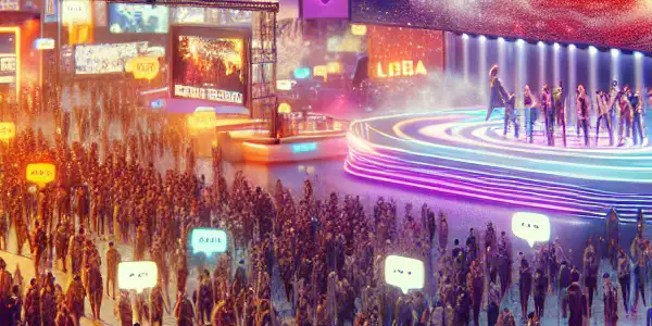 A bustling adult entertainment expo in Germany with diverse attendees, vibrant displays, and live interactions.