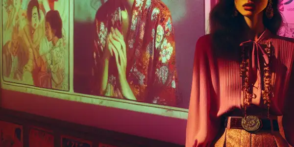 A glamorous actress in a retro cinema, surrounded by neon lights and vintage adult film posters from the 1980s.