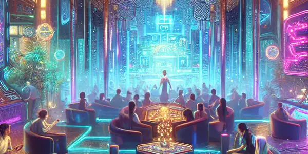 A vibrant, immersive futuristic arcade scene with players engaged in interactive gameplay and rich, alluring visuals.