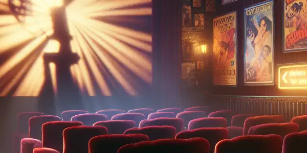 A nostalgic retro cinema room featuring vintage adult film posters, a classic projector, and modern streaming hints.
